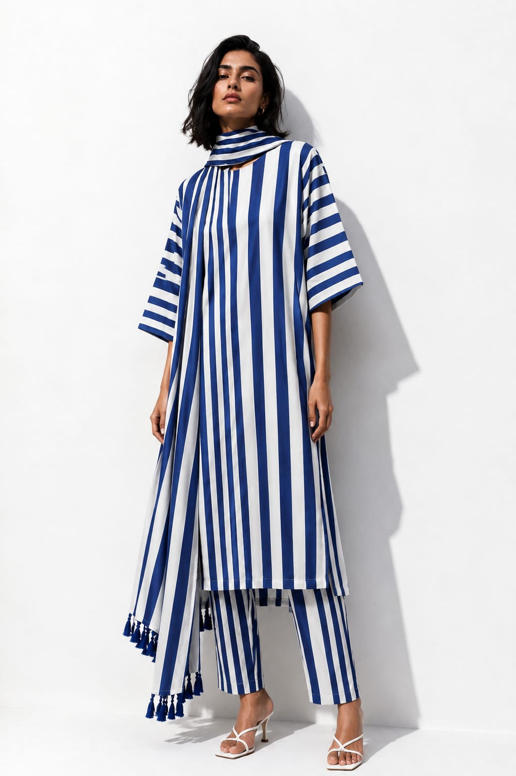 A woman modeling a blue and white vertically striped tunic dress with a draped collar and matching striped pants, standing against a plain white wall.