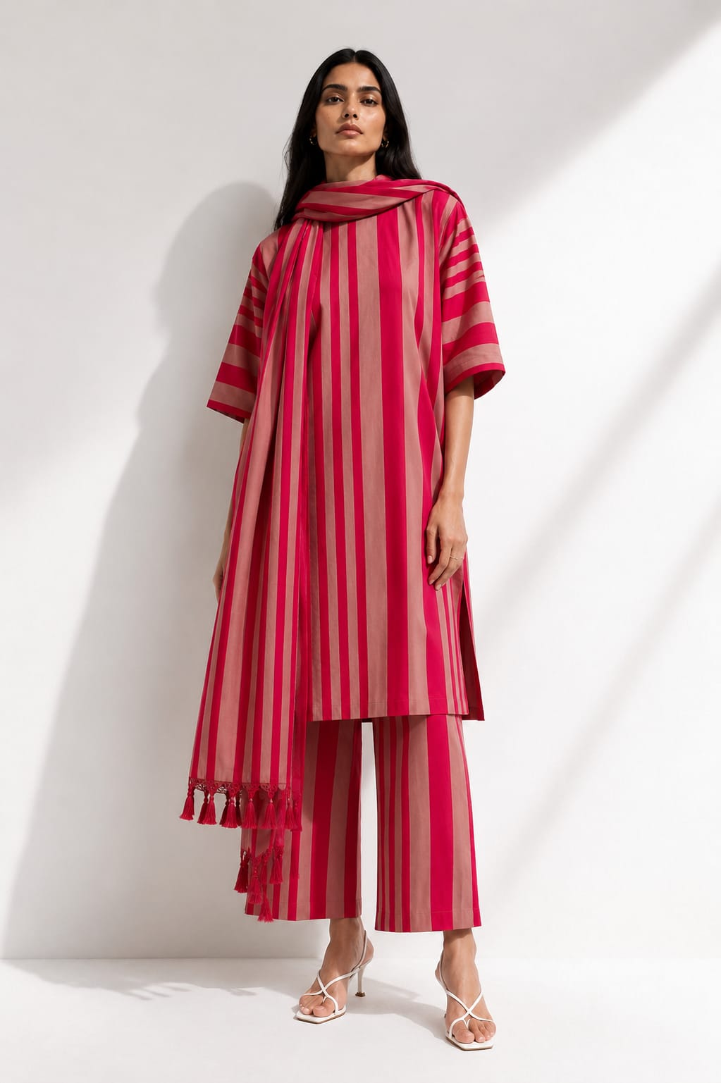A model stands against a white wall wearing a matching two-piece outfit with vertical stripes in vibrant pink and dusty rose, featuring a draped tunic and wide-leg trousers.