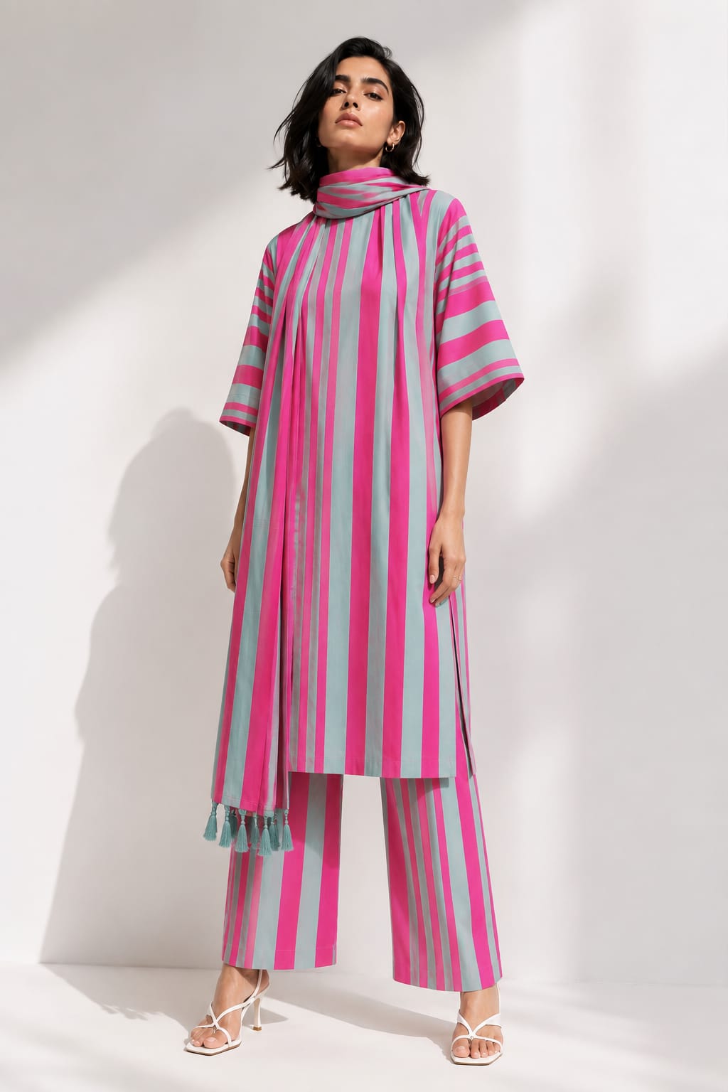 A woman modeling a vibrant pink and mint green striped tunic top with matching wide-leg trousers and a matching scarf, set against a minimalist white background with soft shadows.